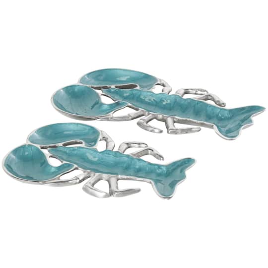 Teal & White Aluminum Enameled Lobster Living Room Décor Tray Set